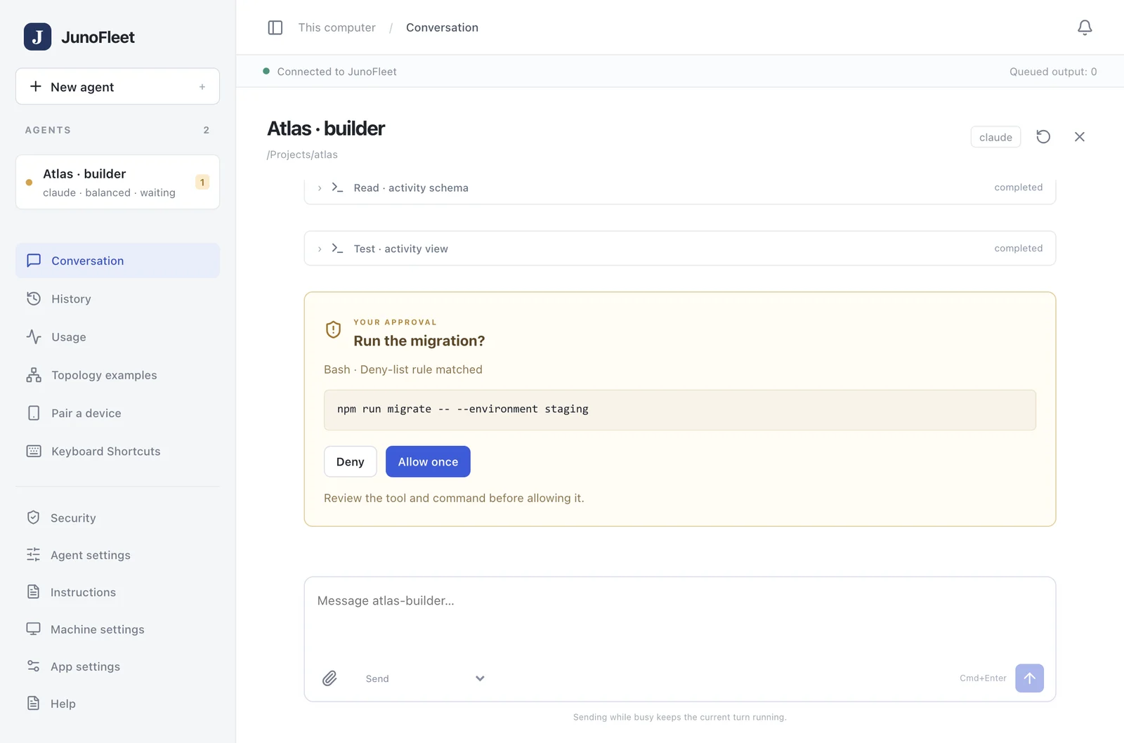 JunoFleet desktop app: a session conversation with an approval request